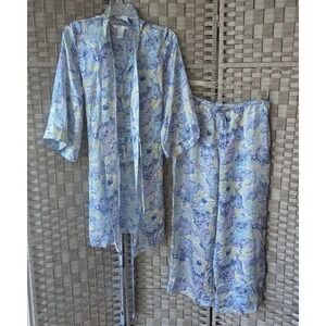 100% Silk Pajama Set Blue Floral Butterfly 3-Piece Robe Top Pants Sz L Luxury